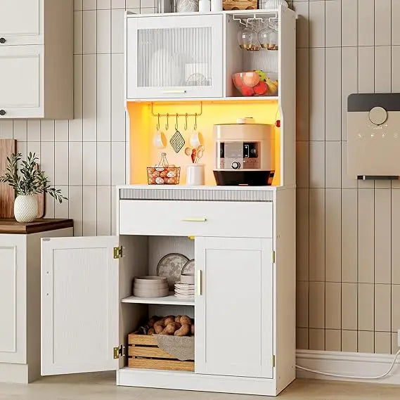 Modern Kitchen Pantry Cabinet with LED Lights,