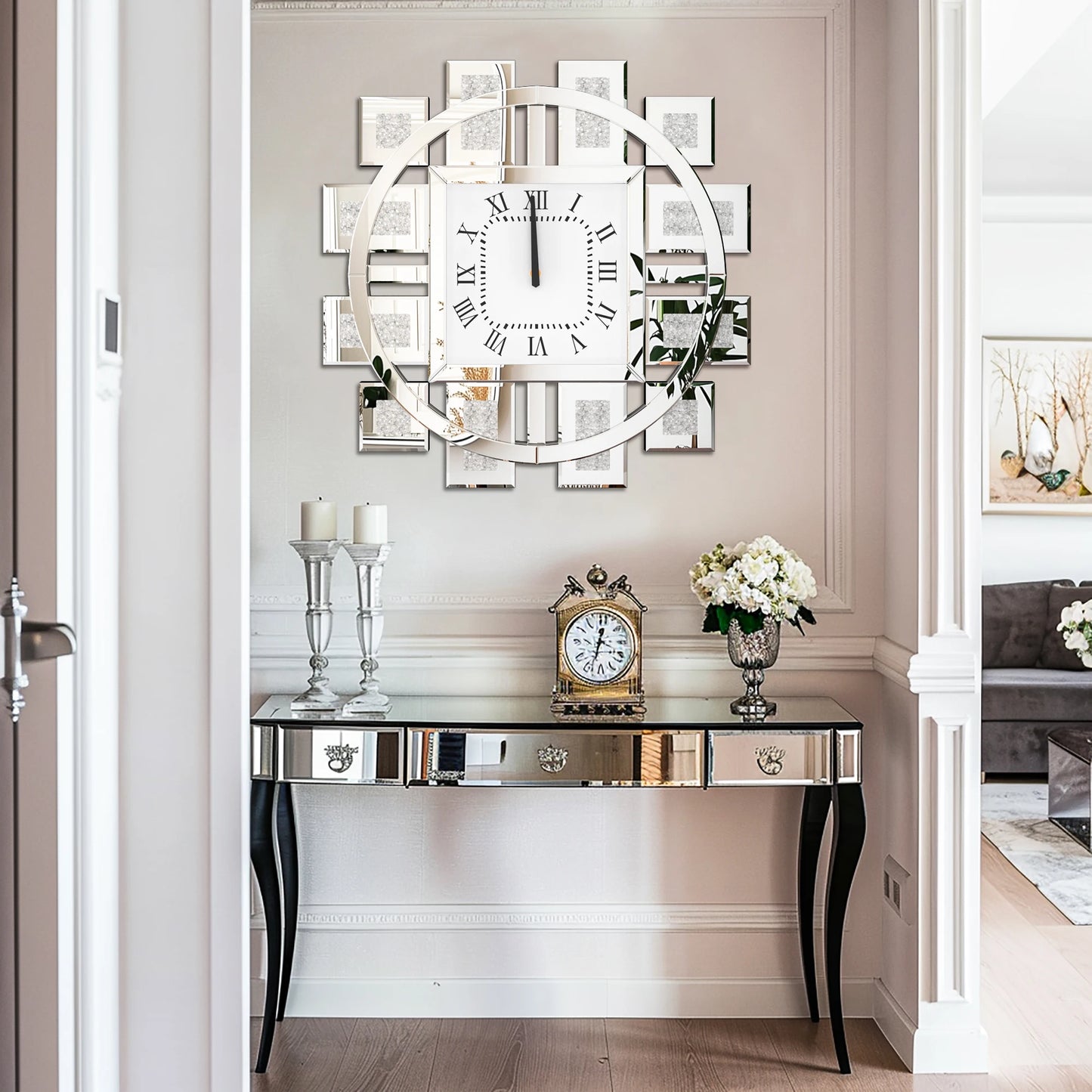 Irregular Large Crush Diamond Mirrored Wall Clock Design