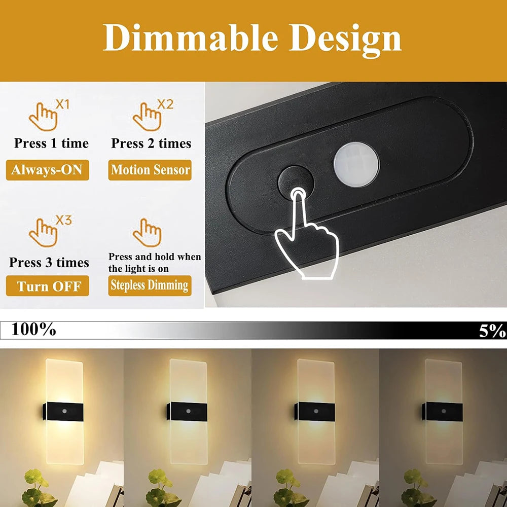 Two-Pack Wireless LED Wall Lamps Dimmable Self-Contained