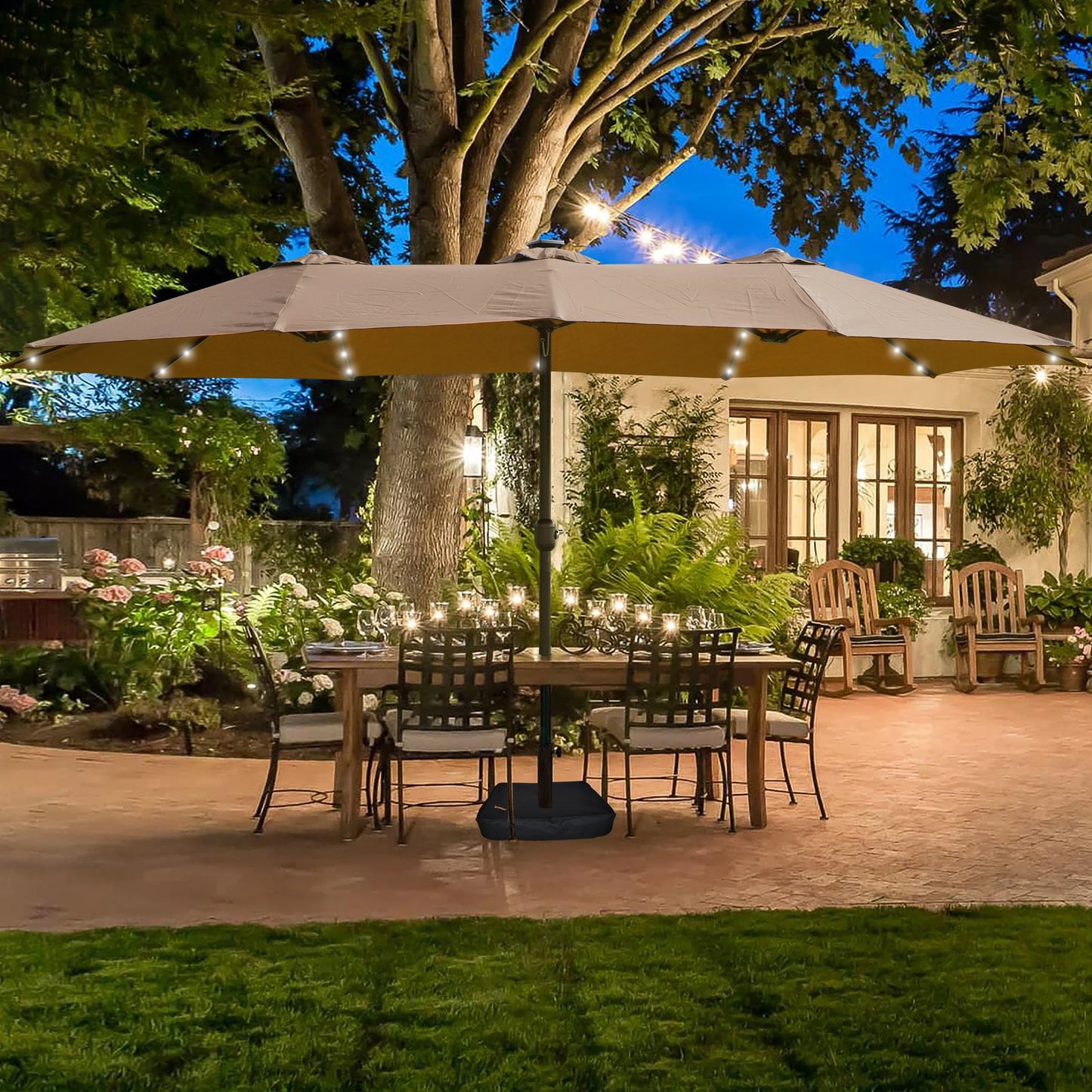 Double Sided Patio Umbrella With Solar Lights