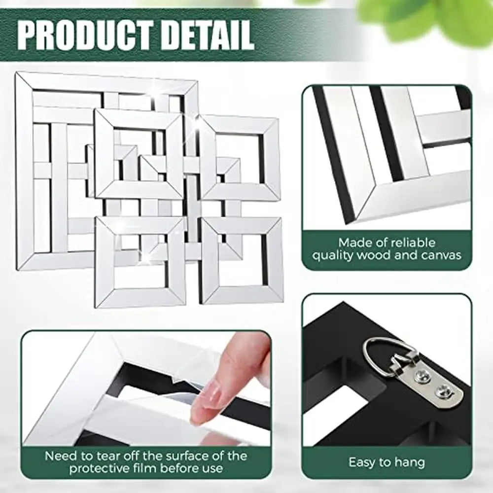 4 Pcs Square Silver Mirror Wall Decor Set 1.2 Inch