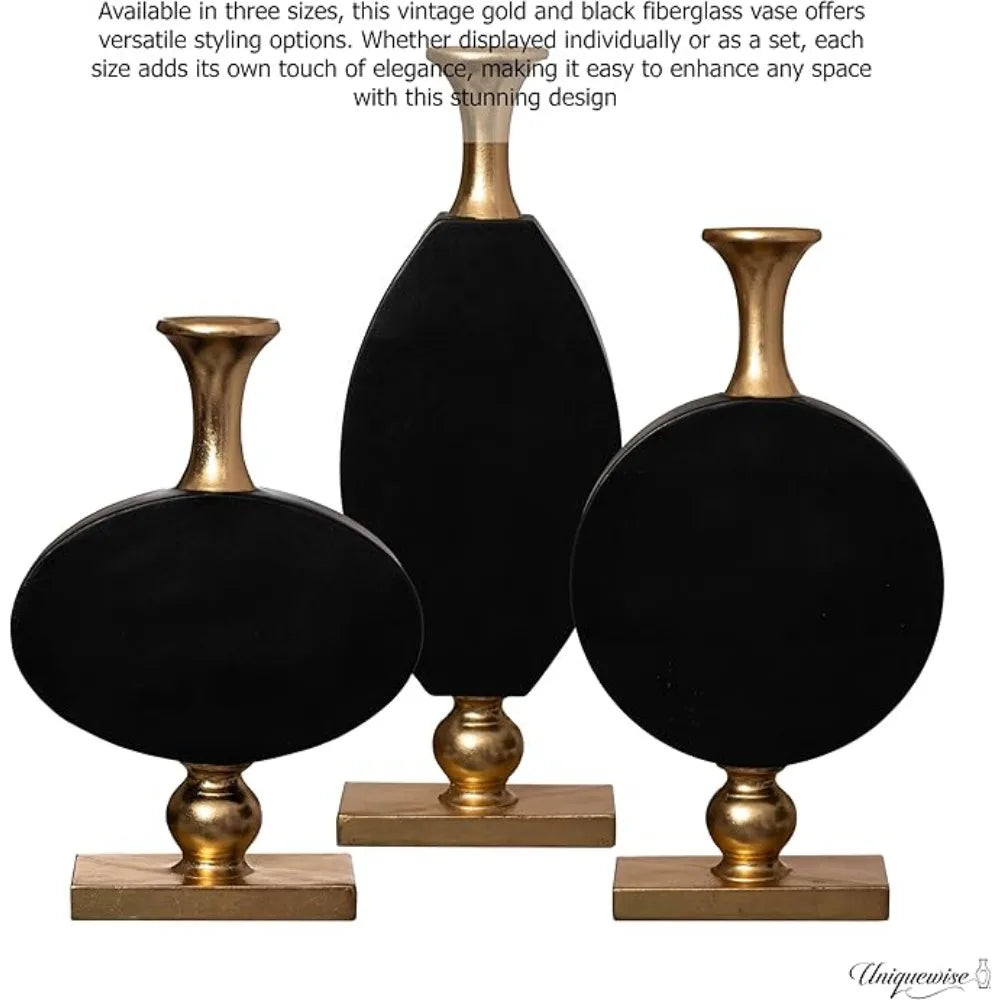 Set of 3 Inch Vintage Gold and Black Tall Floor Vase -