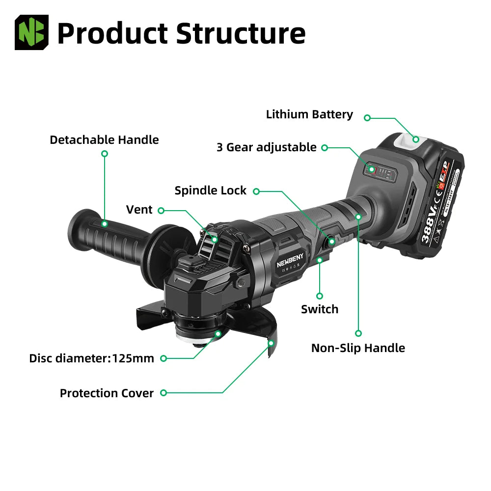 NEWBENY 125mm Brushless Cordless Electric Angle Grinder