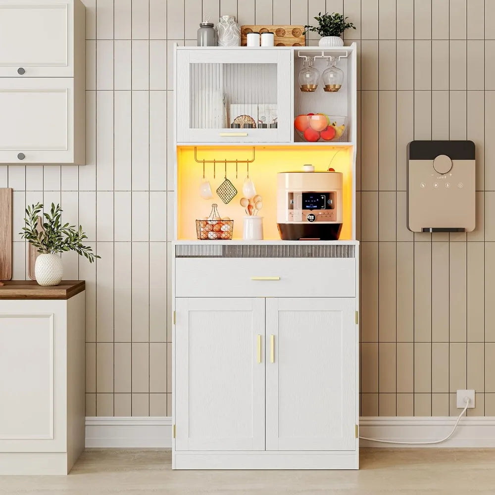 Modern Kitchen Pantry Cabinet with LED Lights,