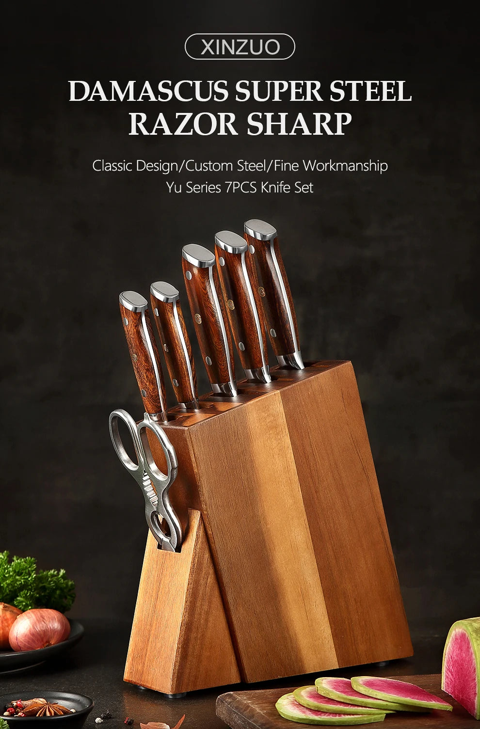 XINZUO 7PCS Damascus Kitchen Knives Set