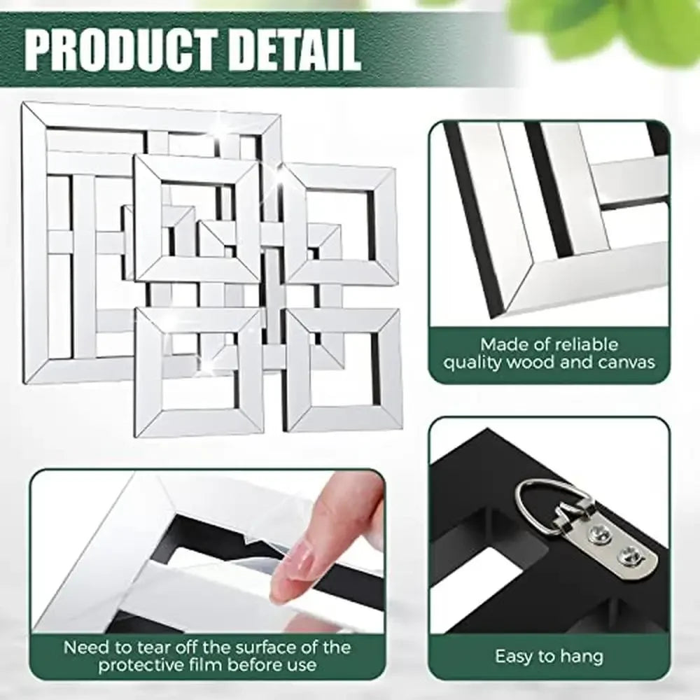 4 Pcs Square Silver Mirror Wall Decor Set 1.2 Inch
