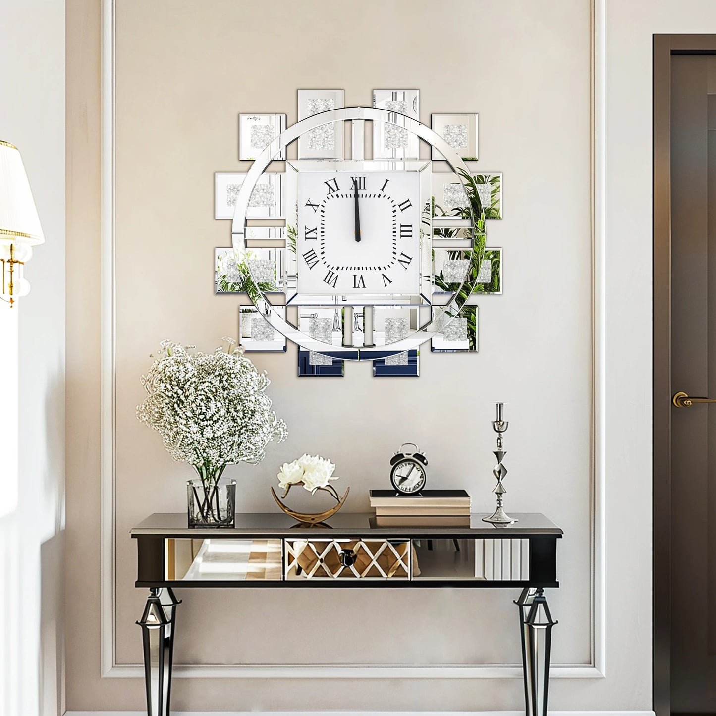 Irregular Large Crush Diamond Mirrored Wall Clock Design