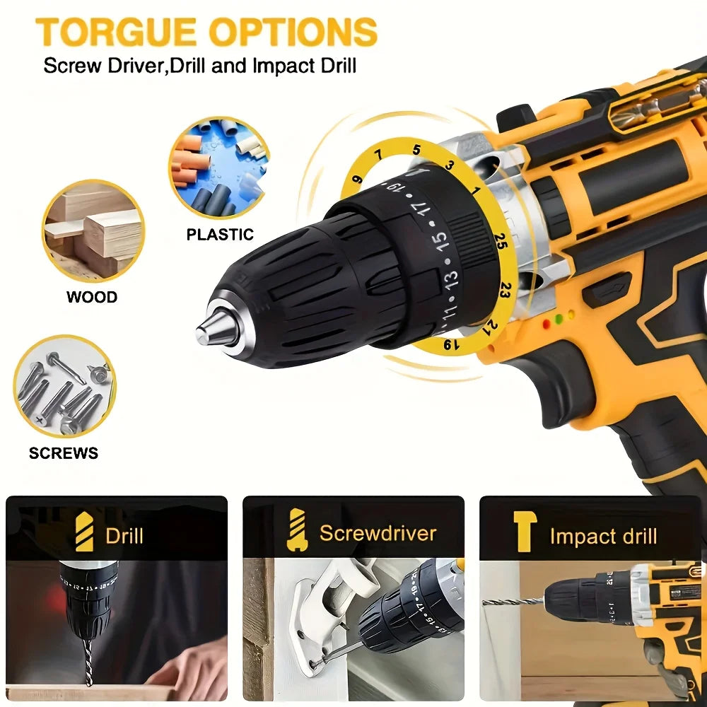 Kzreect 21V Cordless Impact Drill Kit , with Variable-Speed, LED Light, Tool Kit, Rechargeable Li-ion Battery, for Garden DIY