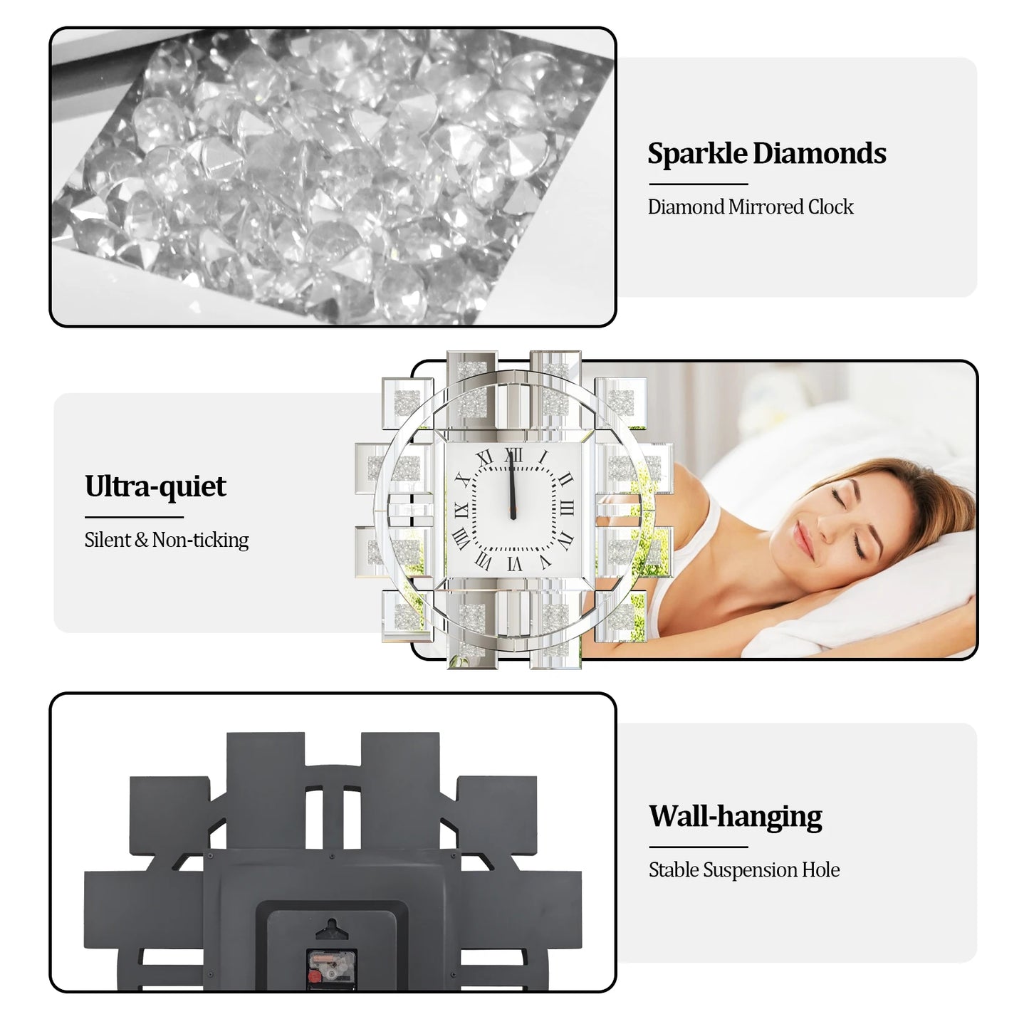 Irregular Large Crush Diamond Mirrored Wall Clock Design