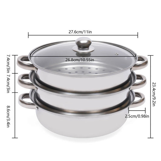 11 Inch Three Tier Stainless Steel Steamer with Glass Lid