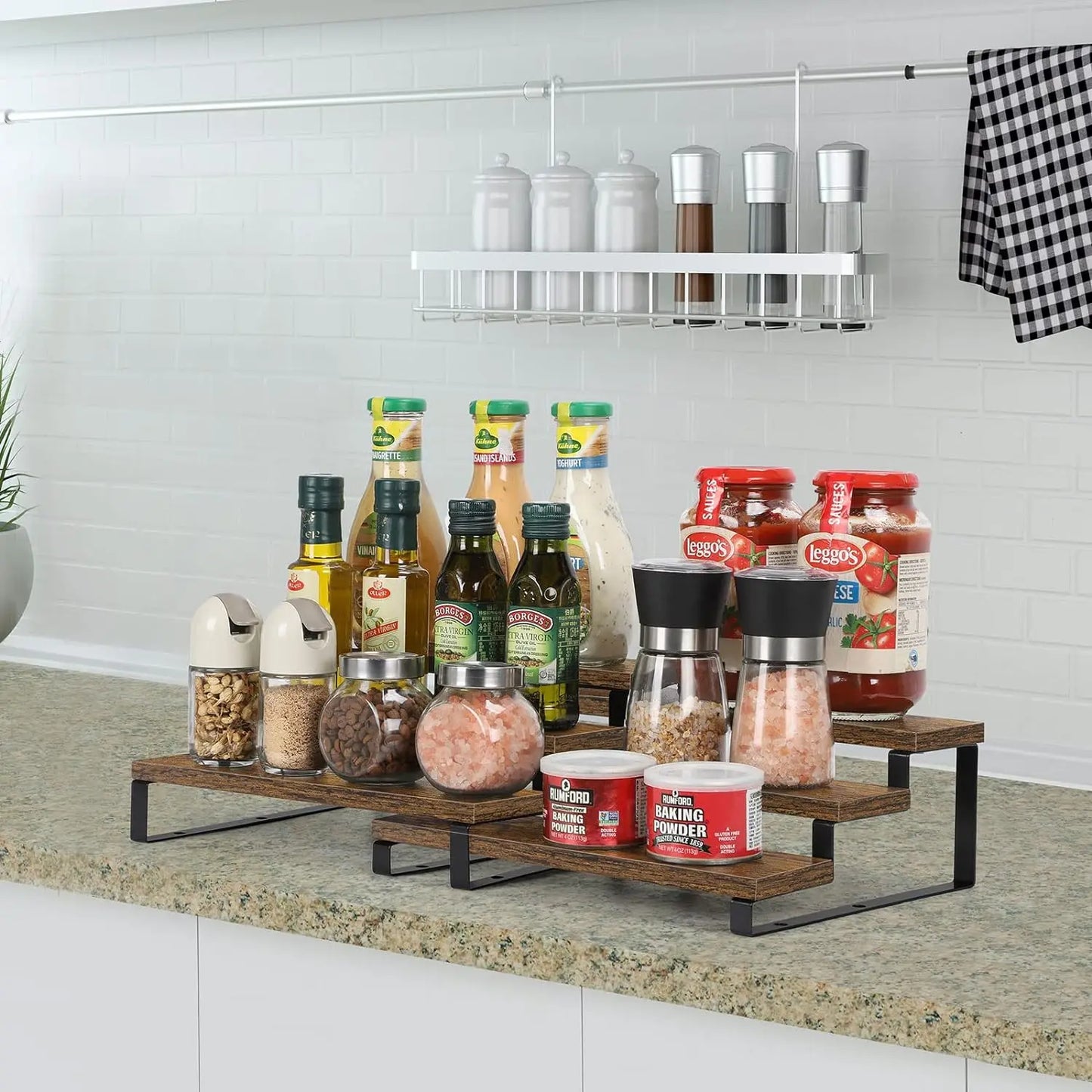 Three Tier Wooden Spice Rack Organizer For Kitchen Countertop