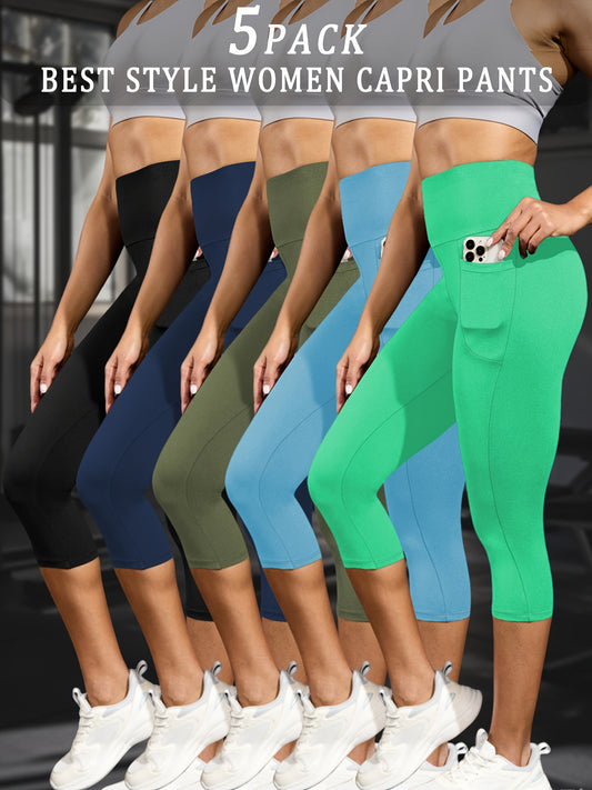 5 PACK 5" High Waisted capri pants For Women With Pockets,