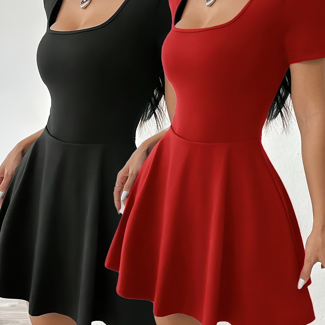 Stretchy Polyester Blend Womens Two Tone Mini Dress