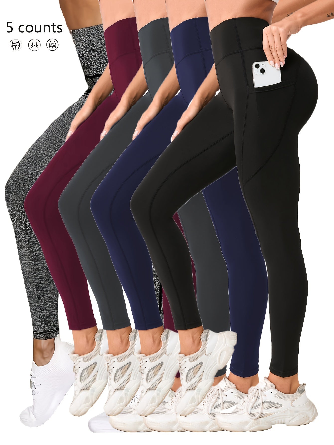 Set of 5 Ultra-Soft Printed Leggings for Women with Pockets,
