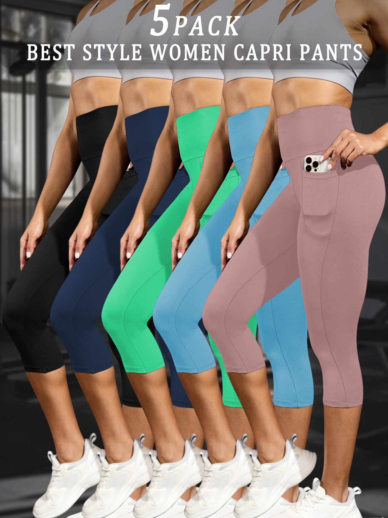 5 PACK 5" High Waisted capri pants For Women With Pockets,