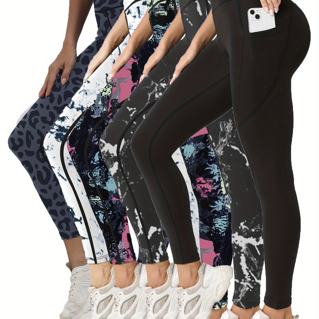 Set of 5 Ultra-Soft Printed Leggings for Women with Pockets,