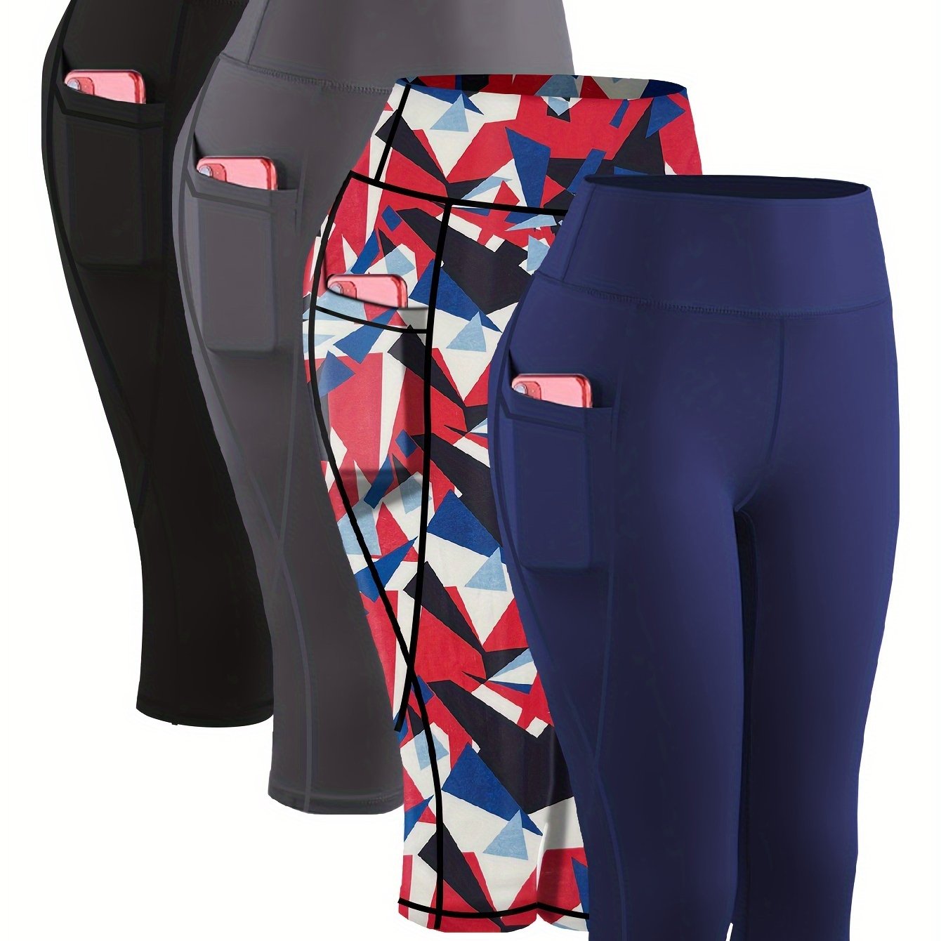 4pcs Plus Size High Waist Capri Yoga Leggings with Pockets