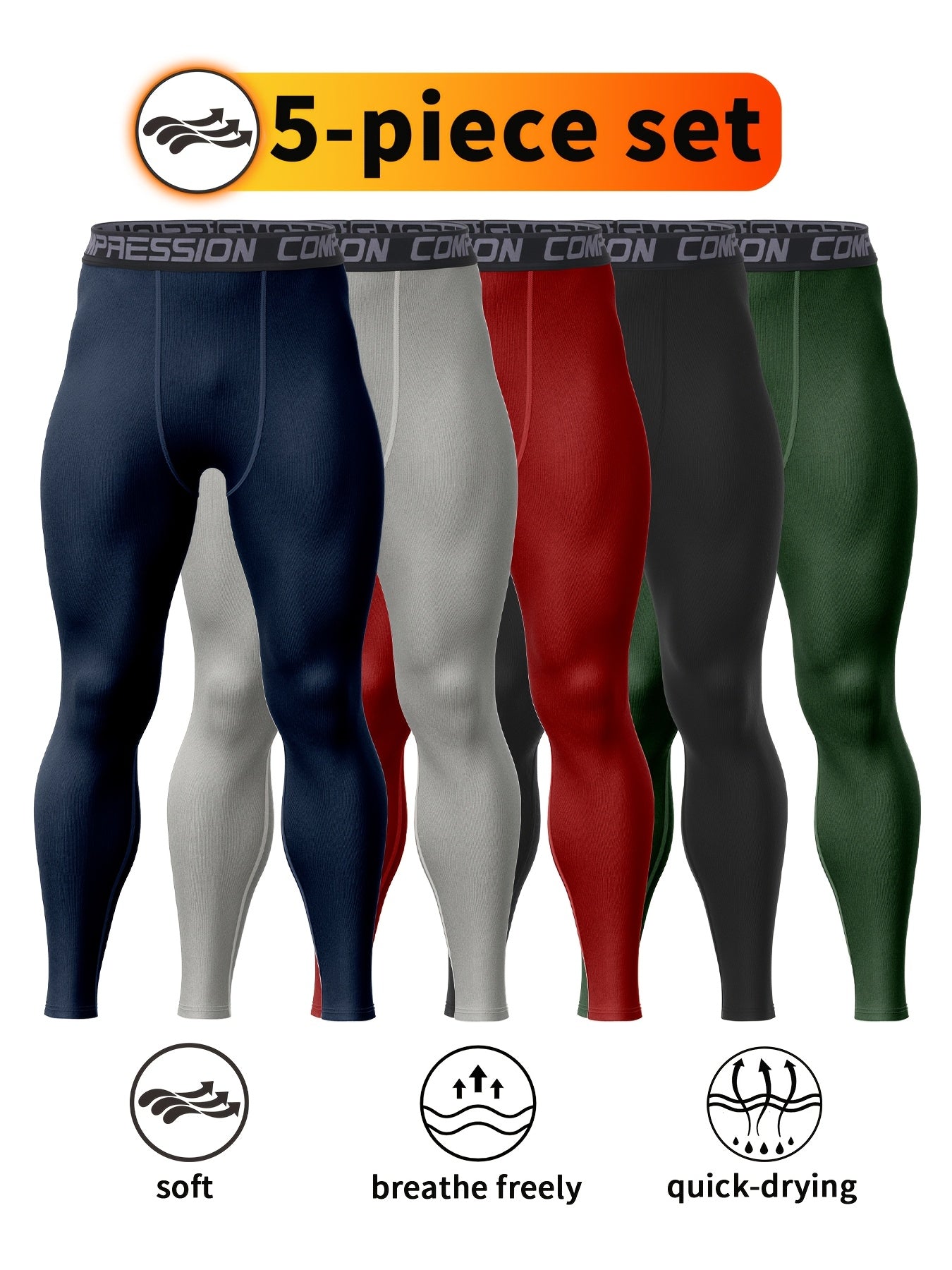 5pcs Men'S High-Waisted Compression Leggings