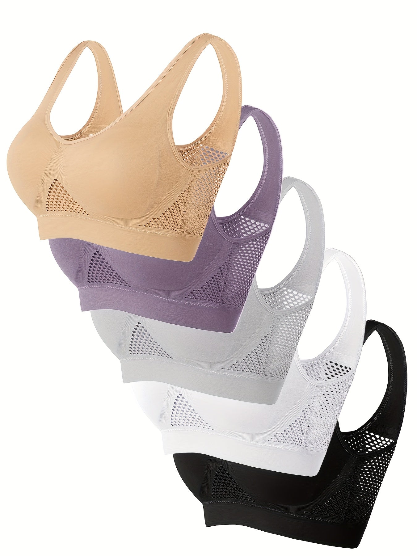 5pcs of Sports Bras, Solid Color