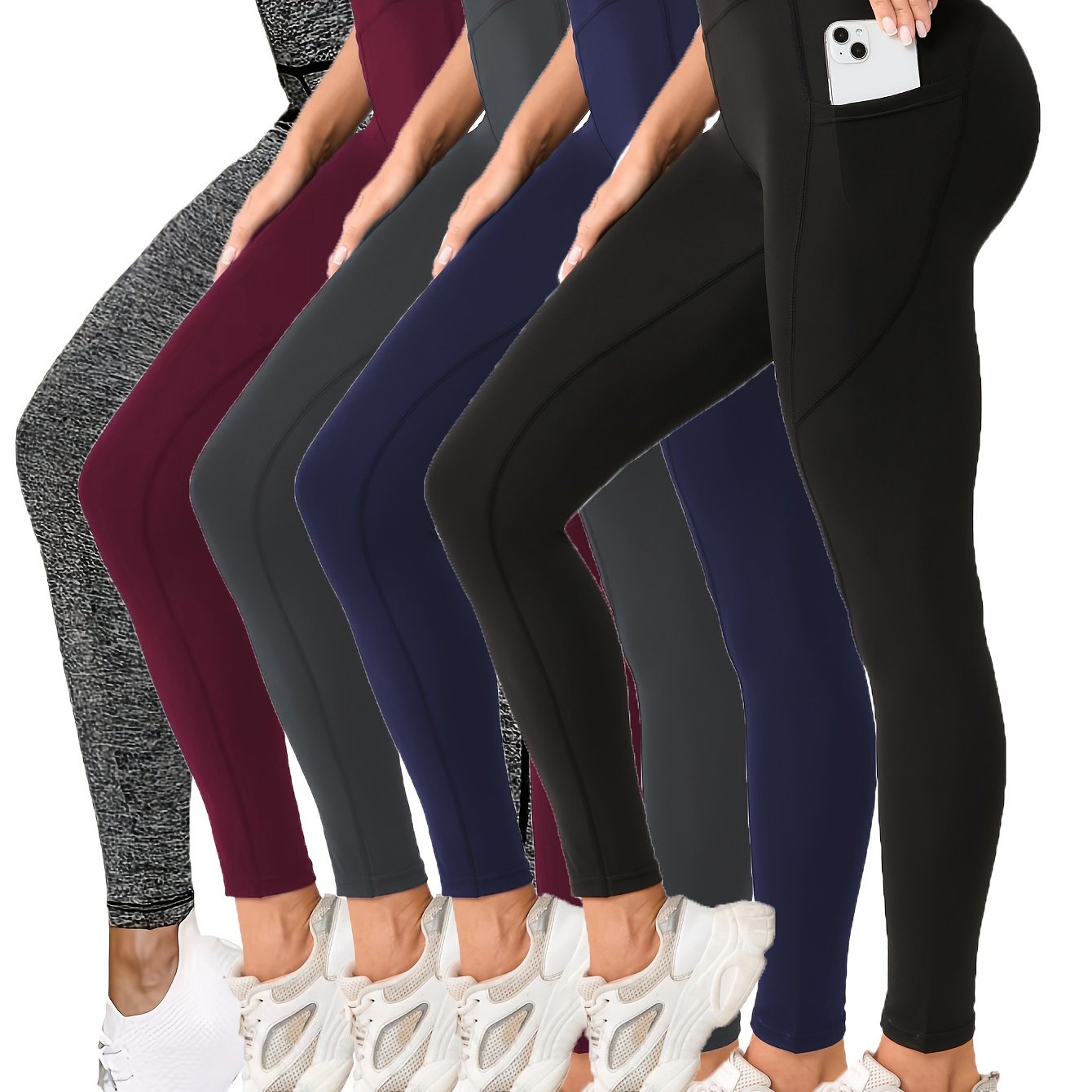 Set of 5 Ultra-Soft Printed Leggings for Women with Pockets,