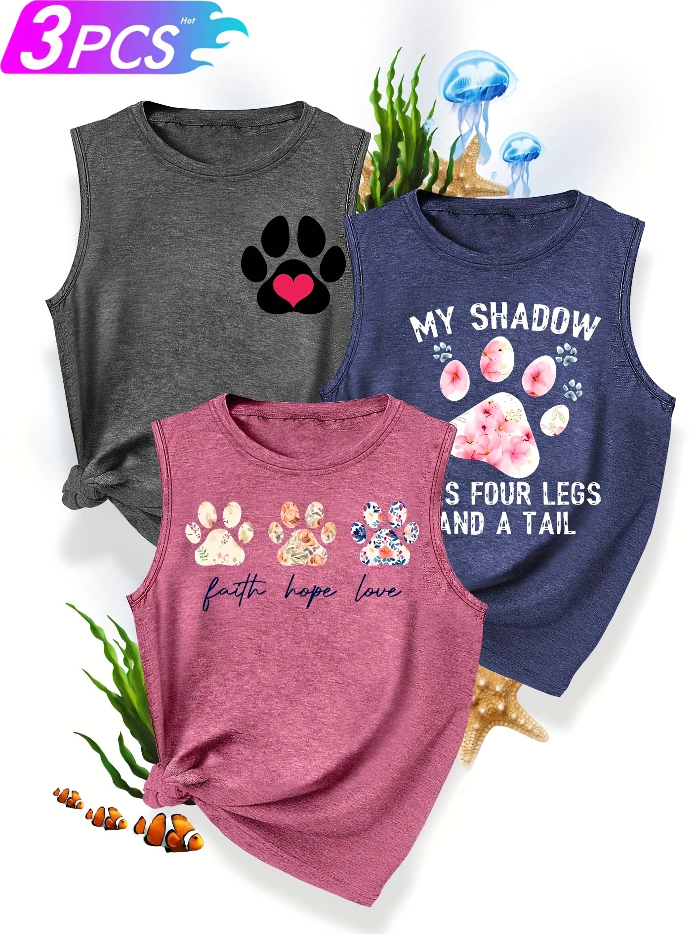 [3-Pack Pet Print Tank Tops]