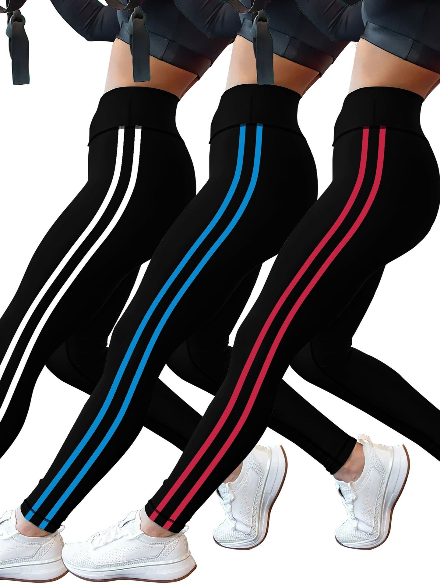 3-Pack Women's High-Waisted Striped Athletic Leggings-