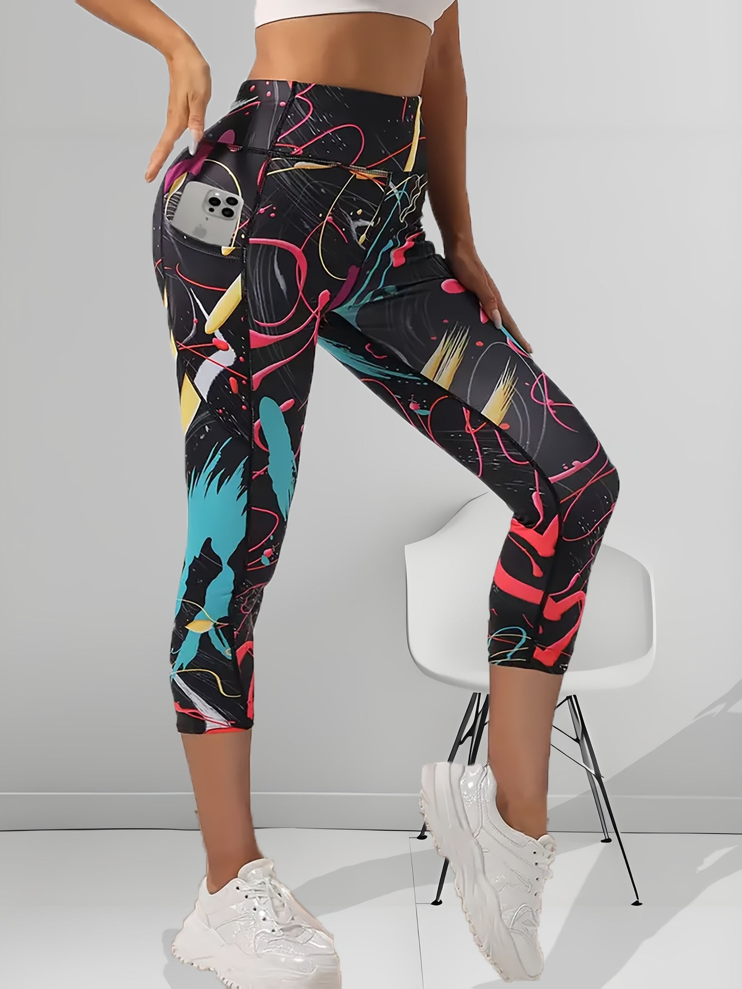 Five Random Printed Yoga Pants Set With Pockets Polyester Elastane