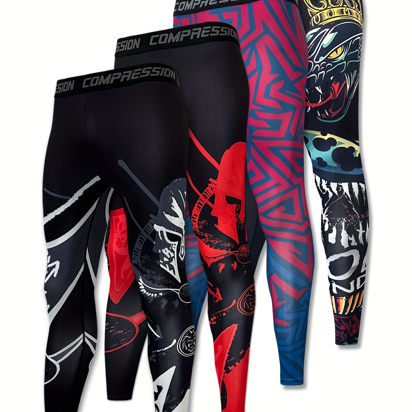 [4pcs Quick-Dry Athletic Pants] 4pcs Quick-Dry Men's Athletic Pants | Stretchy Compression Leggings for Fitness, Basketball, Running, Cycling & Outdoor Training | Vibrant Color Block Design with Bold Lettering, Compression Sp