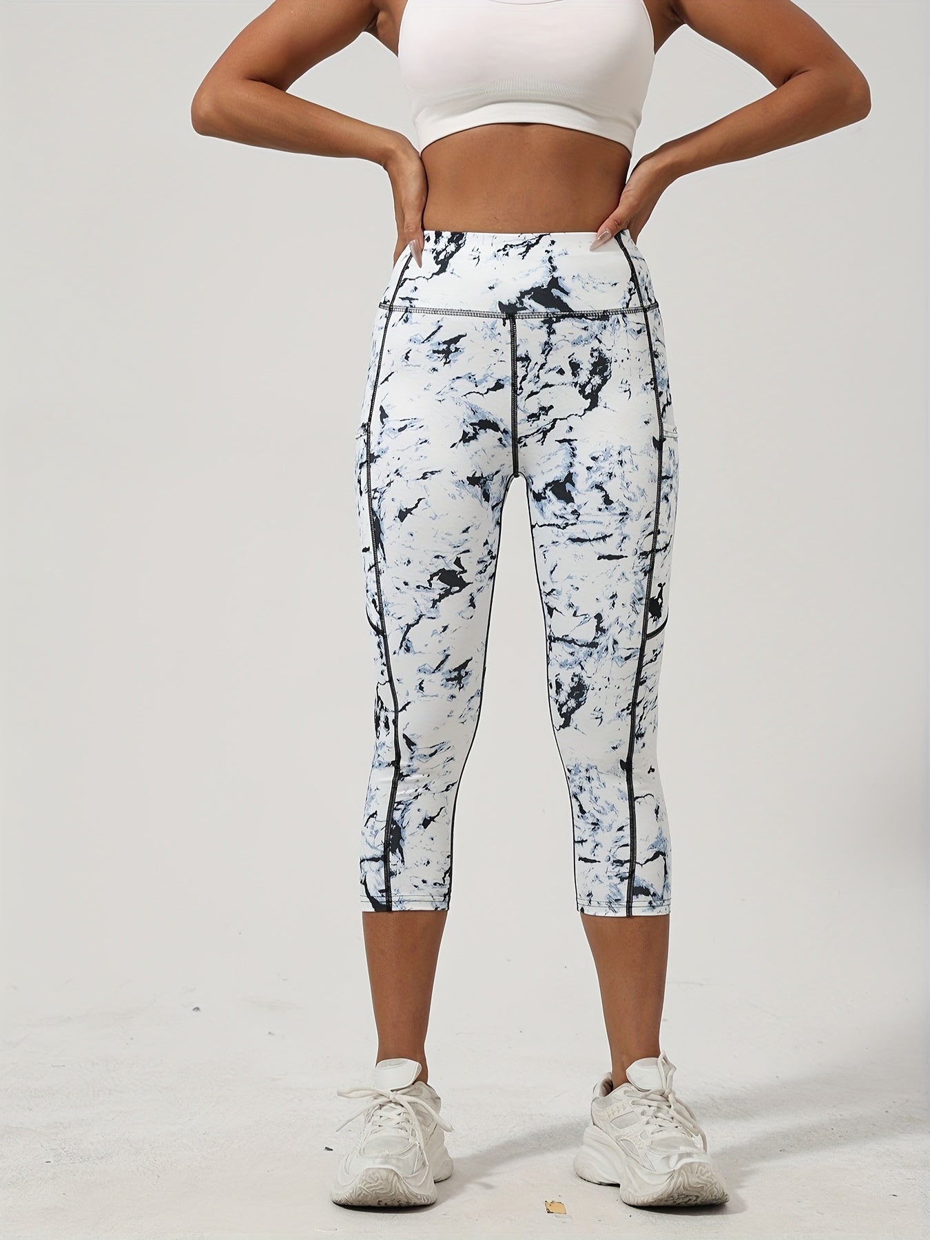 Five Random Printed Yoga Pants Set With Pockets Polyester Elastane
