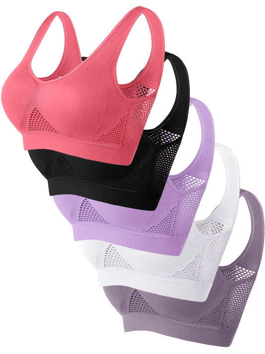 5pcs of Sports Bras, Solid Color